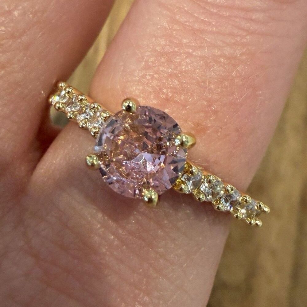 Pink Ice 18K Gold Filled Ring Size 10 Round Pink Center Stone Clear Side Stones